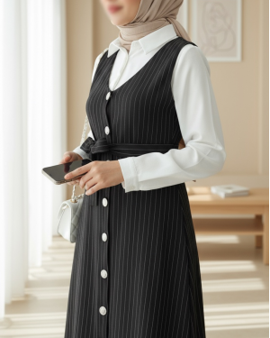 Buttoned Belted Striped Gilet -Black