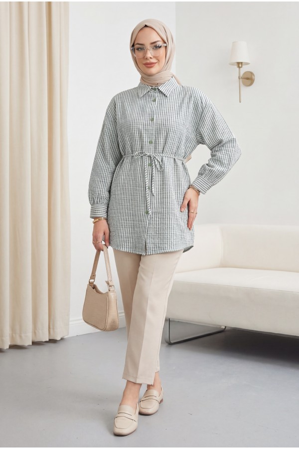 Buttoned Lace-Up Striped Crepe Shirt -Green