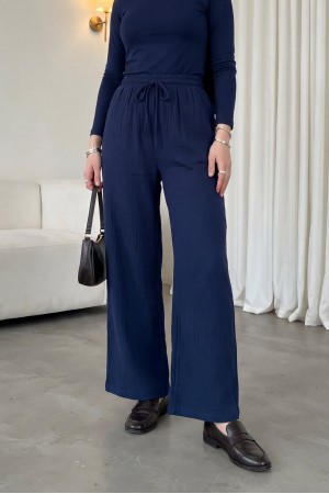 Beli Lastikli Bağcıklı Bol Paça Müslin Pantolon  -Laci