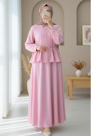 Skirt Suit with Frilled Buttons and Tied Waist -Pink