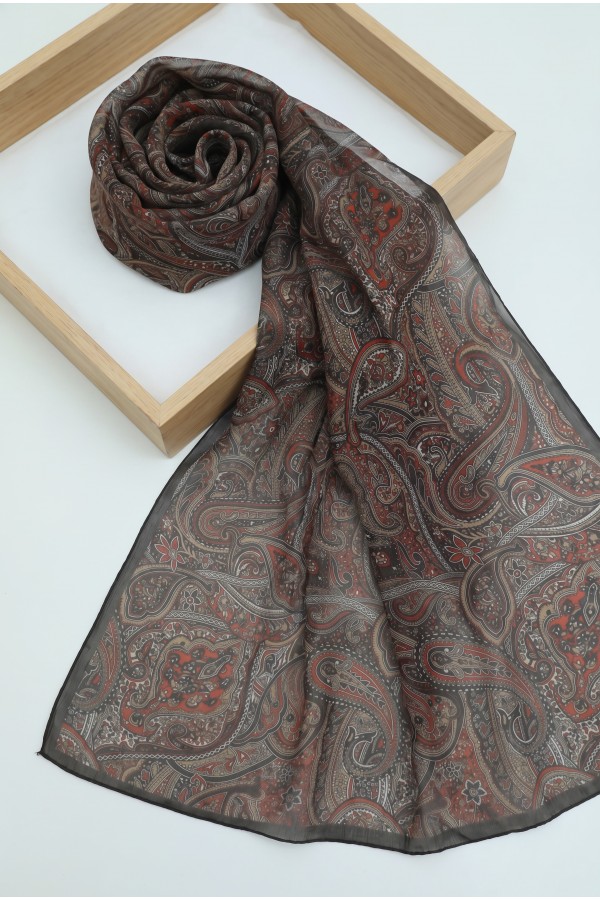 Traditional Floral Patterned Cotton Scarf -Dark Coffee