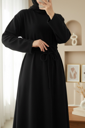 Draped  Waist Double Laced Selanik Long Dress -Black