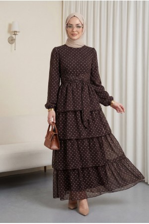 فستان شيفون منقط متعدد الطبقات مع تنورة برباط متقاطع -بنى