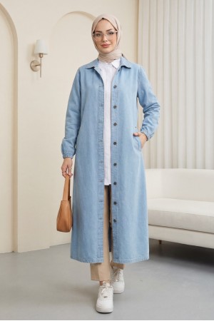 Kolu Lastikli Boydan Düğmeli Kot Kap -Açık Mavi