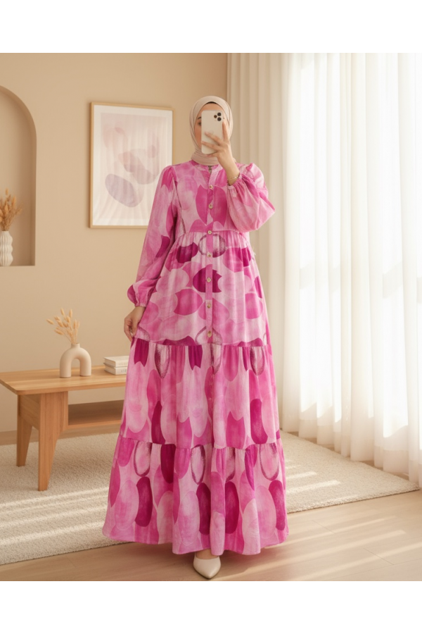 Circle Pattern Half Buttoned Elastic Sleeve Dress -Fuchsia