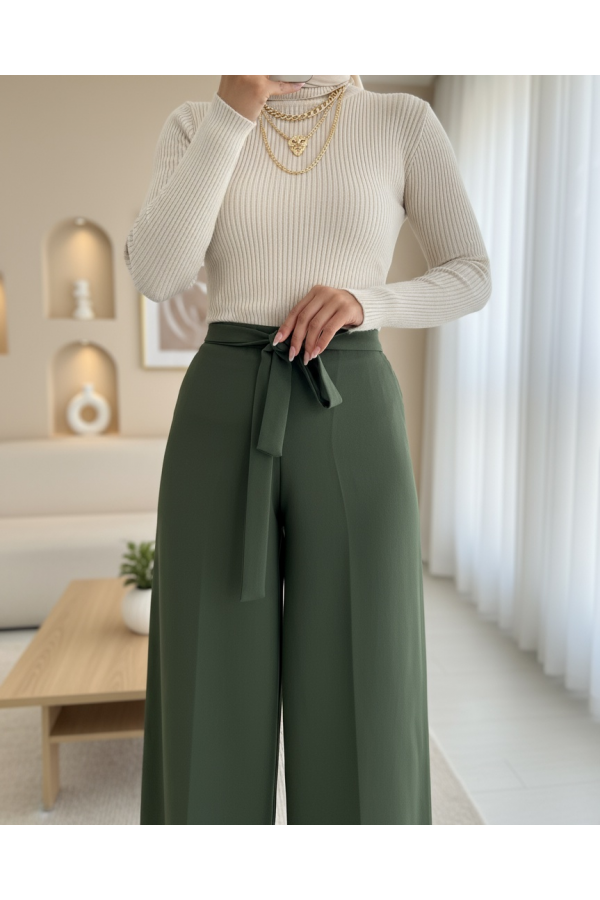 Beli Lastikli Bağlamalı  Bol Paça Pantolon  -Haki