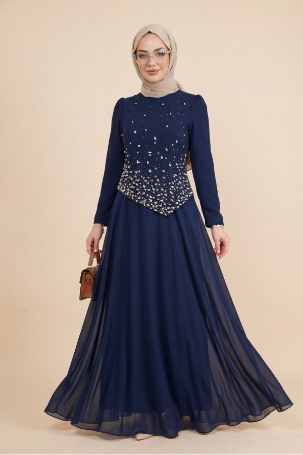 Asymmetrical Top, Chiffon Evening Dress with Scattered Stones -Navy blue
