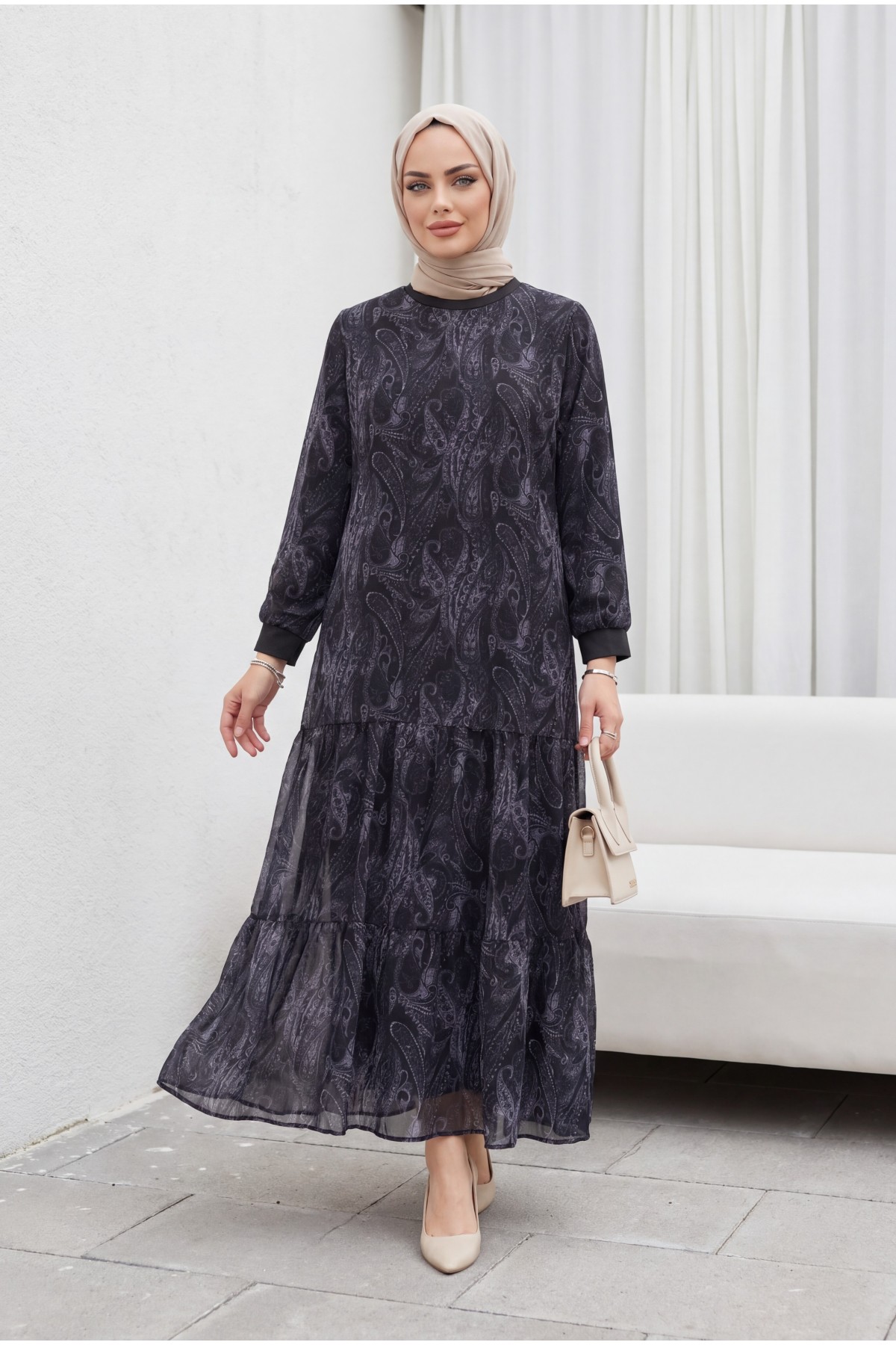 Ethnic Pattern Skirt Piece Lined Chiffon Dress   -Grey detay görseli