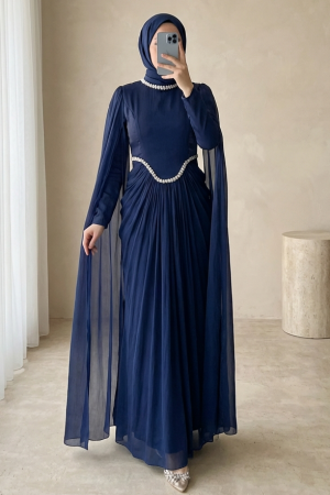 Yakası Ve Beli Taşlı Pelerin Detaylı Janjan Abiye -Laci