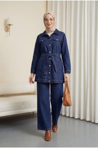 Düğmeli Beli Kemerli Cepli Kot İkili Takım  -Laci