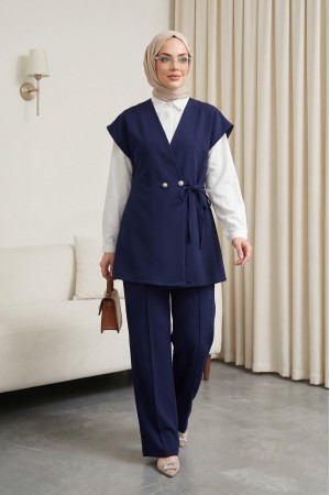 Düğme Detaylı Çift Bağcıklı Yelek Pantolon Double Krep Takım -Laci