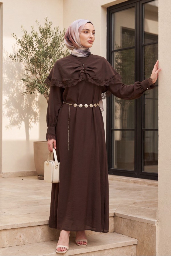 Imported Ibiza Dress with Lace Detail, Cape, Belt, and Lining. -Brown