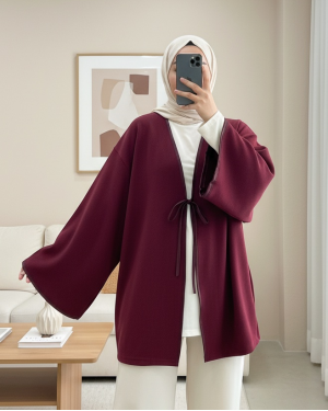 Loose Kimono with Tied Front Leather Detail -Maroon