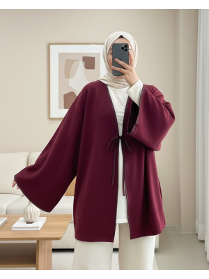 Önü Bağlamalı Deri Detaylı Salaş Kimono  -Bordo