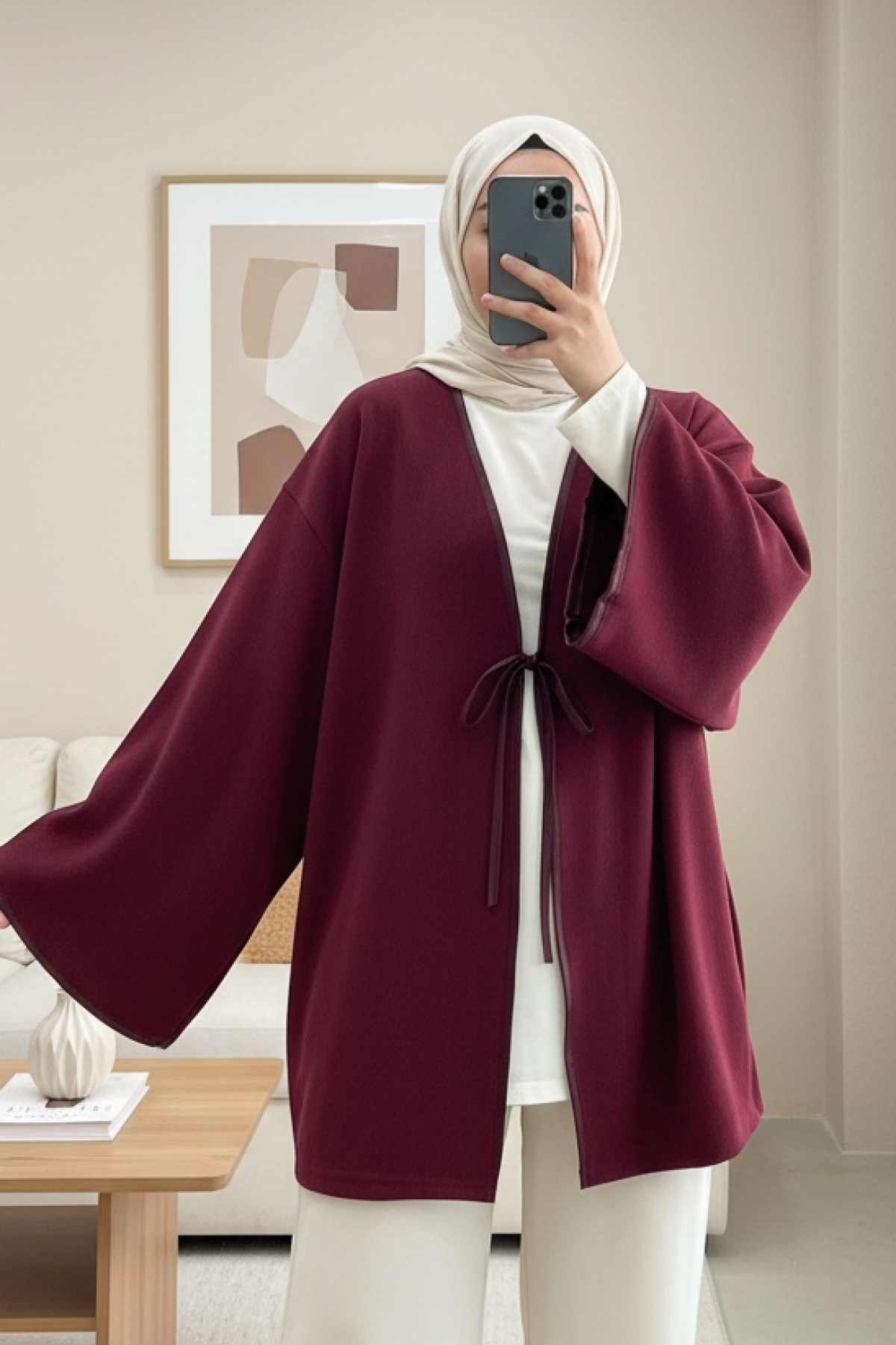 Önü Bağlamalı Deri Detaylı Salaş Kimono  -Bordo