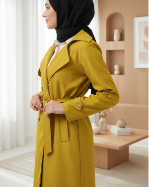 5918 Kruvaze Yaka Trençkot - Yağ Yeşil