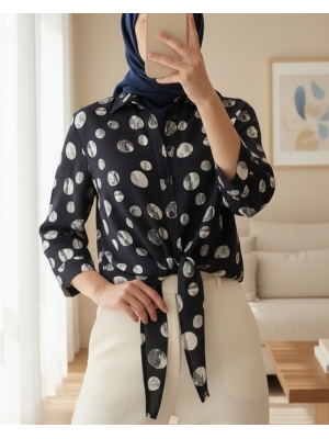 20243 Önü Bağlamalı Desenli Gömlek - Siyah