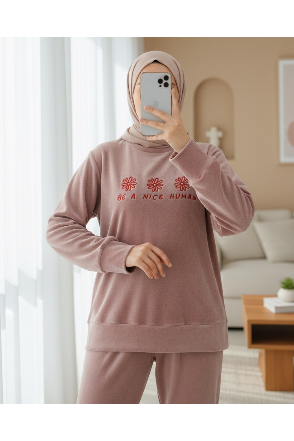 French Velvet Pajama Set with Embossed Text -Dried rose