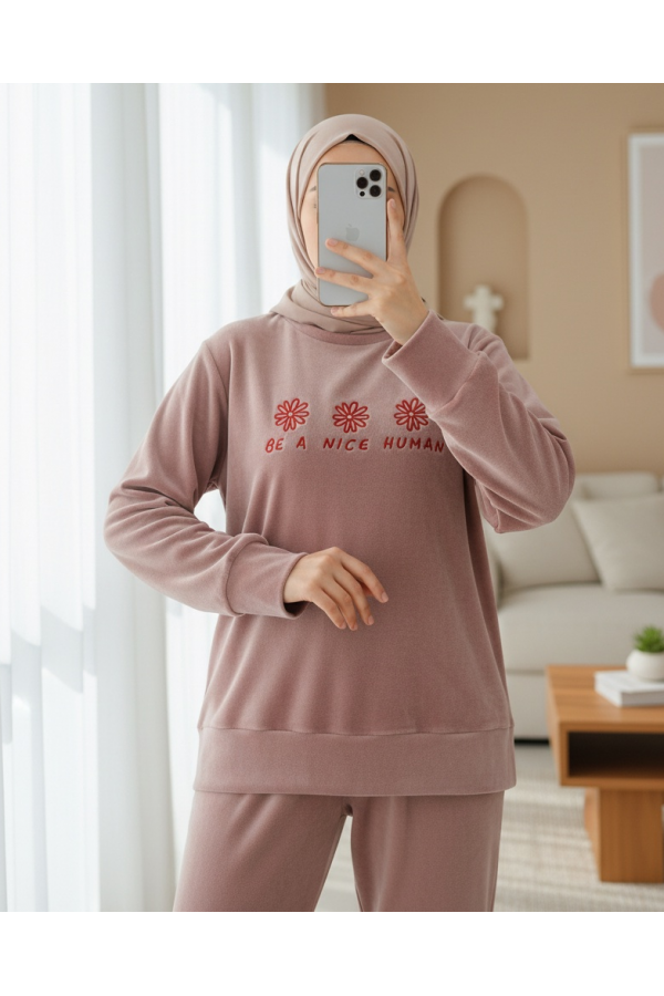 Kabartma Yazılı Fransız Kadife Pijama Takımı -G.Kurusu