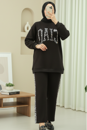 Önü Yazılı Leopar Deseni Detaylı Üç İplik Sweat Takım  -K. Kahve