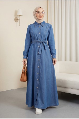 Belden Bağlamalı Önü Düğmeli Boncuklu Kot Elbise -Mavi