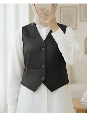 Cep Detaylı Düğmeli Scuba Yelek -Siyah