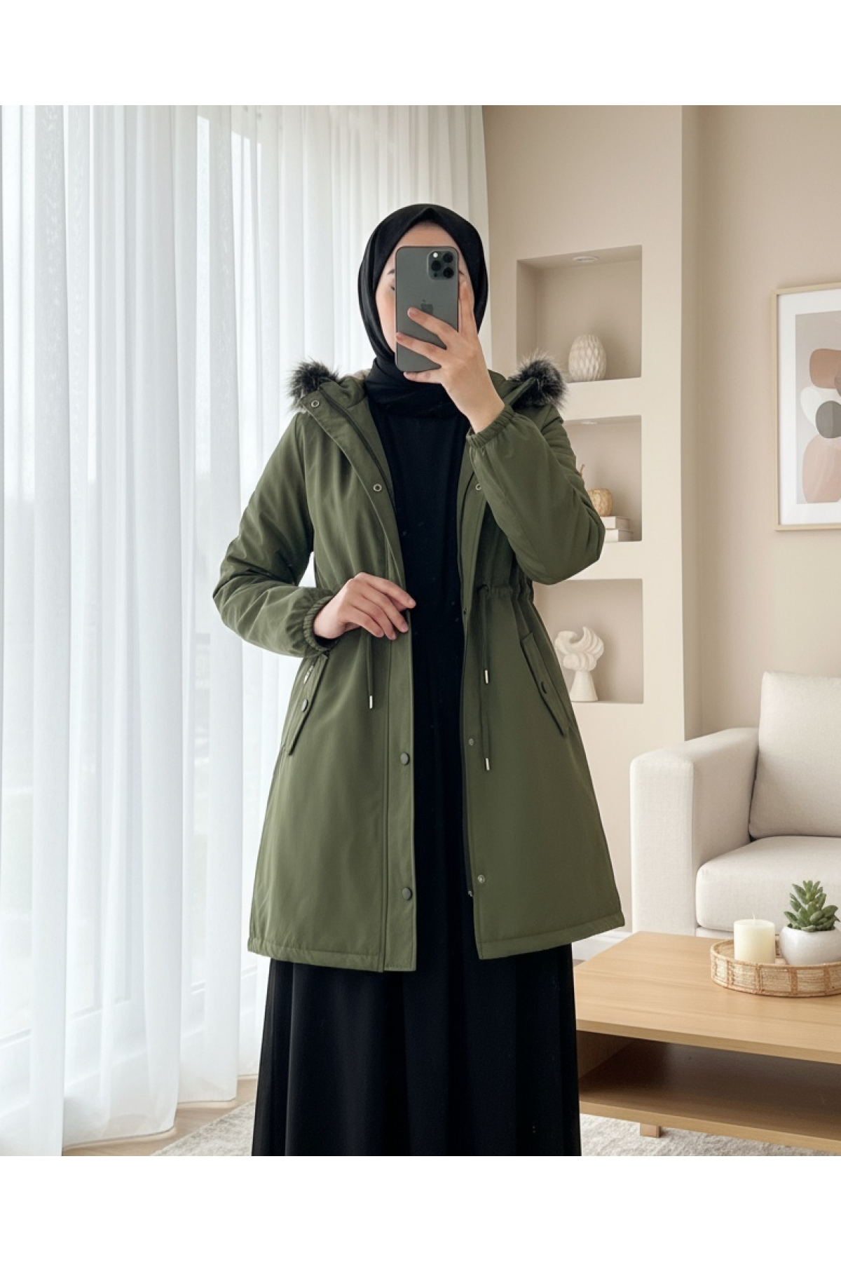Pull-out Hooded Sleeve Elastic Pocket Short Coat -Khaki