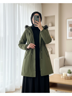 Pull-out Hooded Sleeve Elastic Pocket Short Coat -Khaki