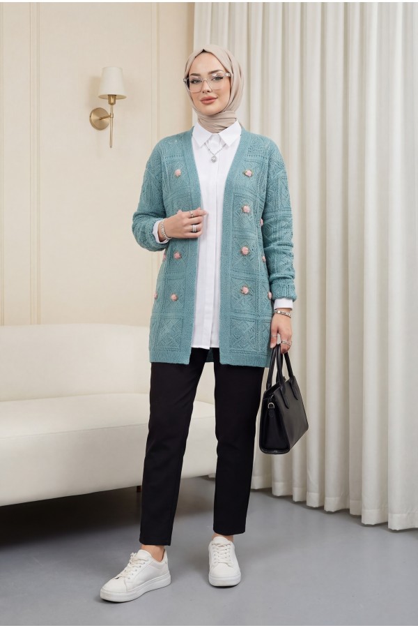Openwork Embroidered Cardigan -Mint Color