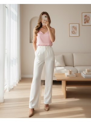 V Yaka Sıfır Kol Saten Bluz   -Pudra