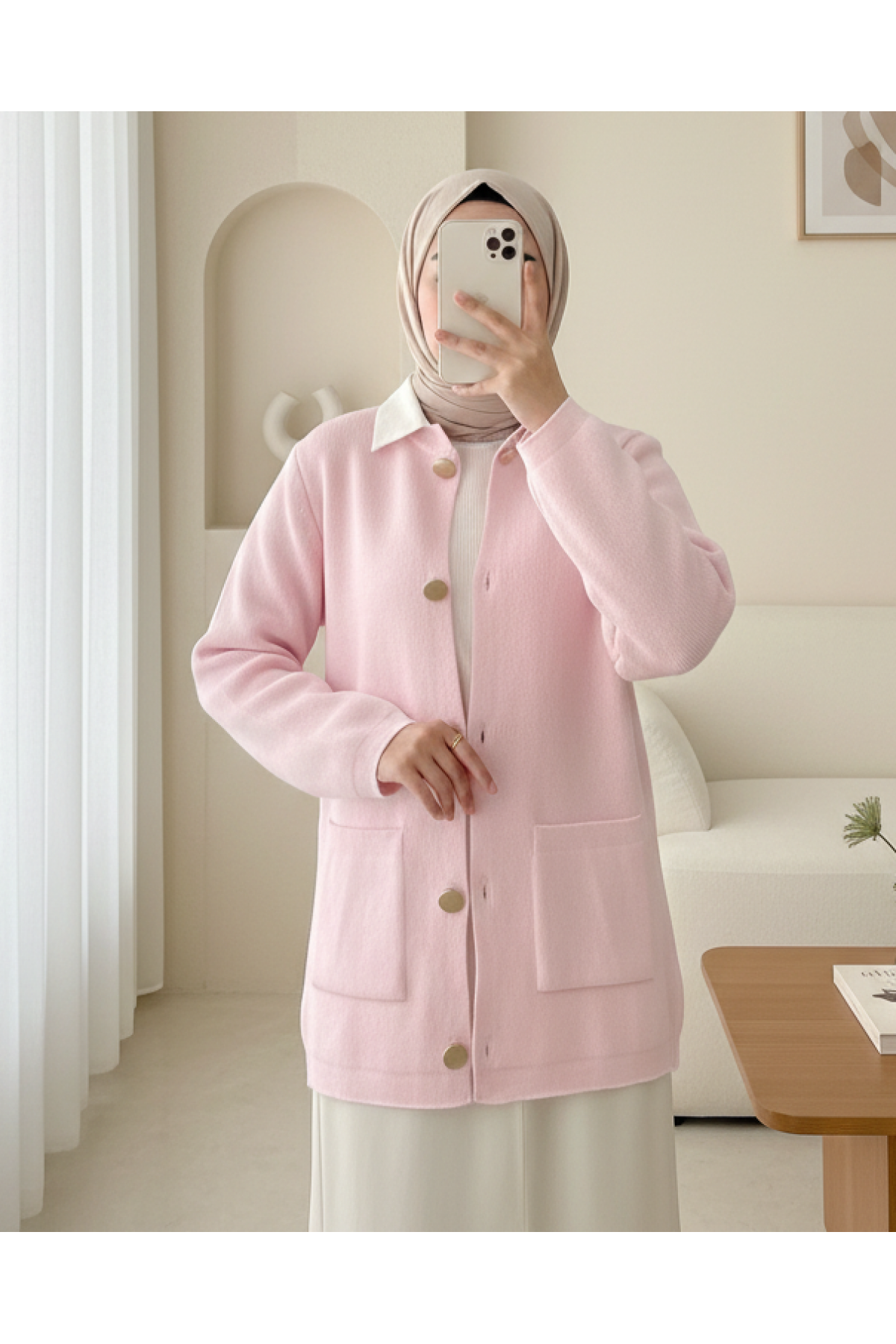 Soft Knit Cardigan with Buttoned Front and Double Pockets -Powder
