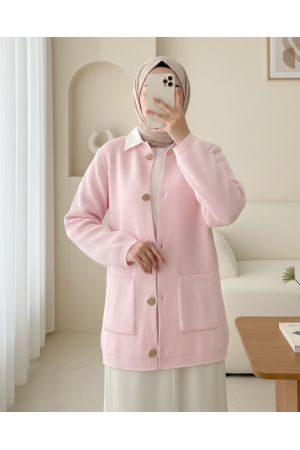 Önü Düğmeli Çift Cepli Yumoş Triko Hırka -Pudra