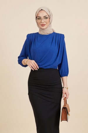 İçi Tulumlu Omuzdan Büzgülü Vatkalı Sendy Bluz -Saks