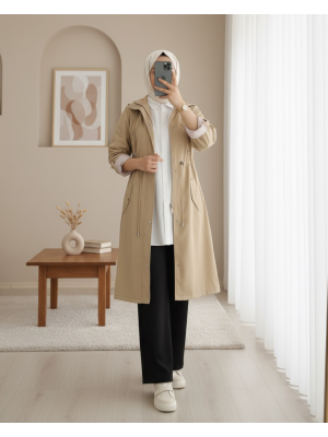 Astarı Çizgili Trençkot       -Açık Vizon