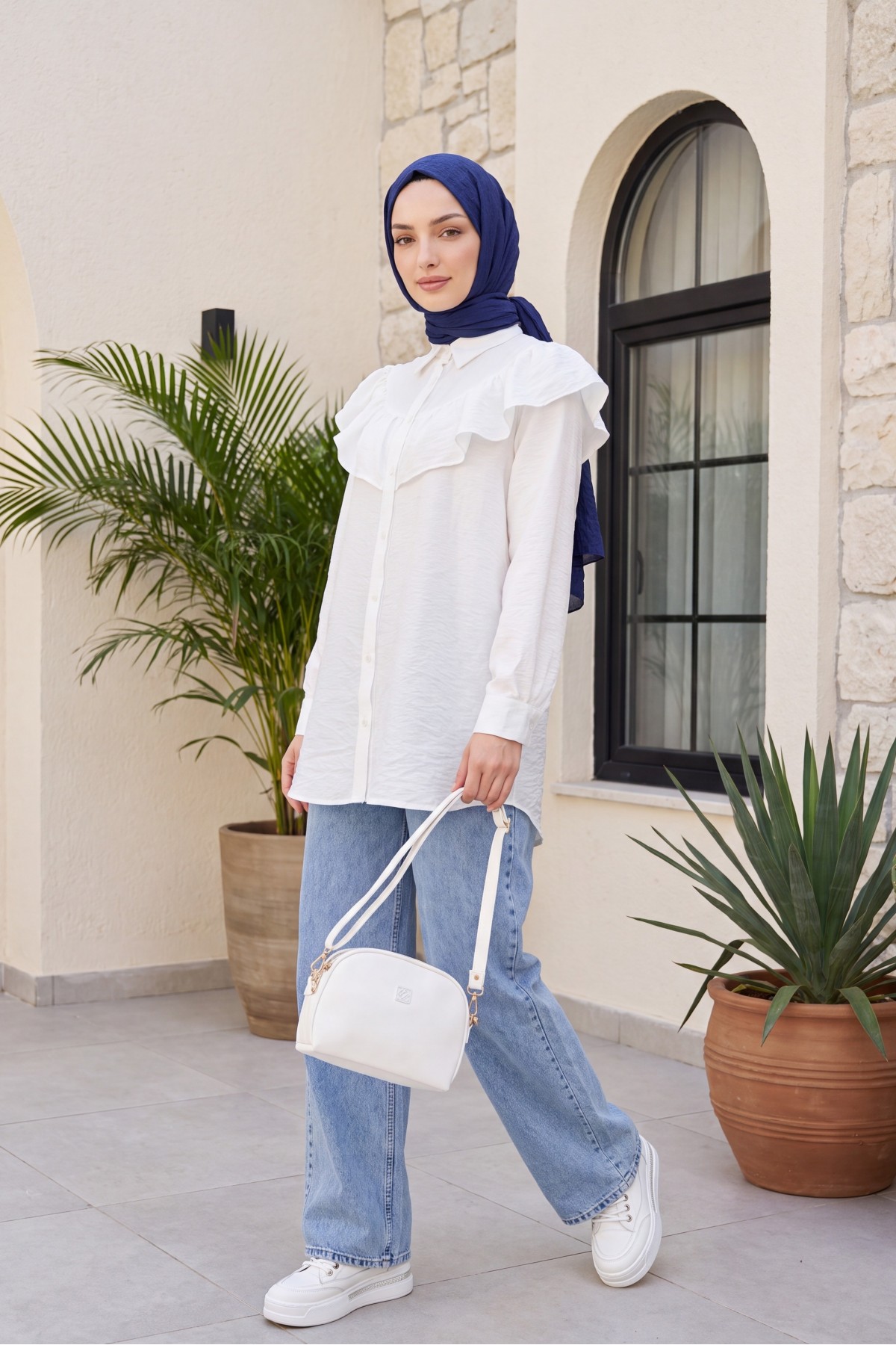 Ruffled Buttoned Rayon Tunic from the Waist -White