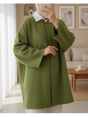 Çift Düğmeli Salaş Triko Panço    -F.Yeşili