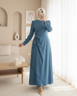 Önü Allerli Eteği Asimetrik Krep Elbise   -Mavi