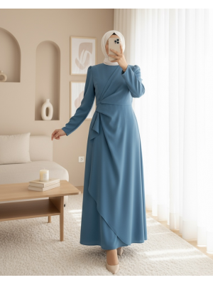 Önü Allerli Eteği Asimetrik Krep Elbise   -Mavi