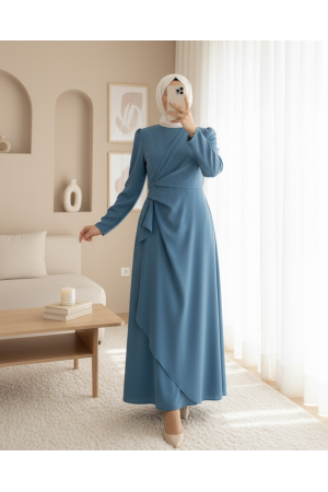 Önü Allerli Eteği Asimetrik Krep Elbise   -Mavi