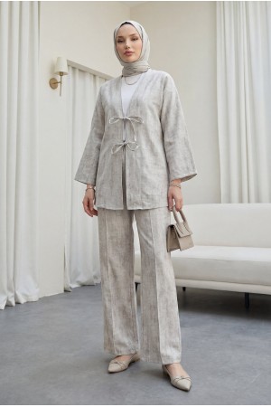Önü Bağlamalı Pantolonlu Keten Kimono Takım  -Taş