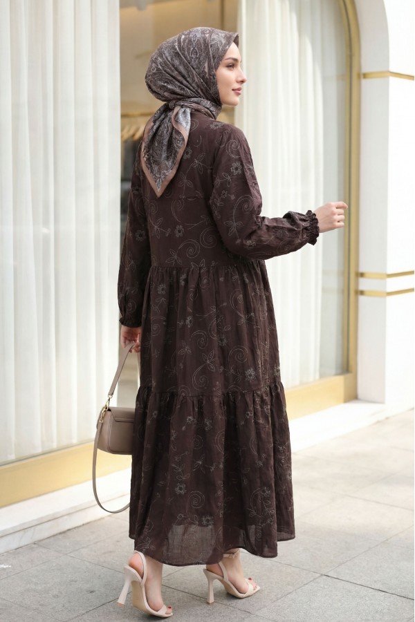 Half Buttoned Jacquard Printed Piece Dress with Elastic Sleeves   -Brown