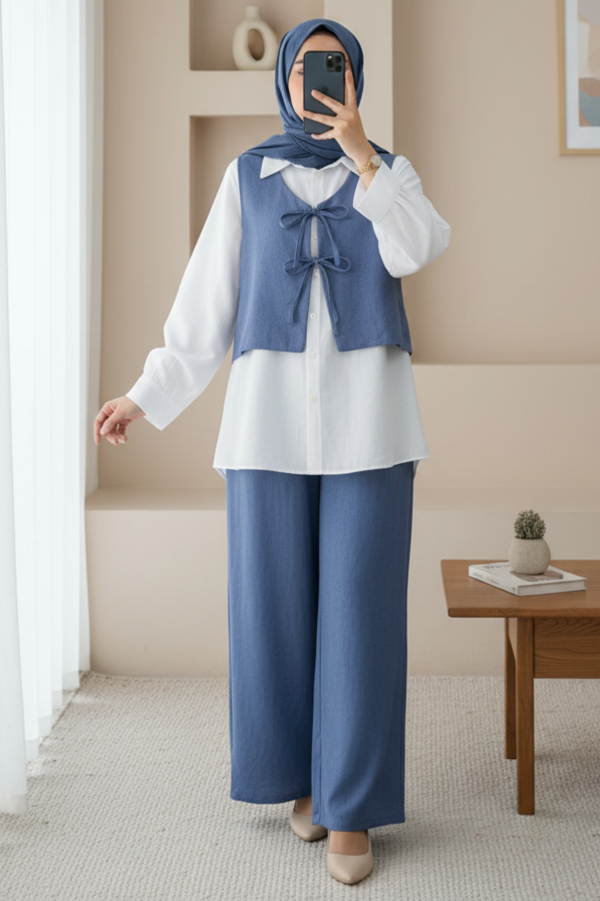 Lace-up Front Trousers Vest Two Piece Linen Suit -İndigo