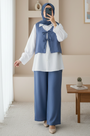 Lace-up Front Trousers Vest Two Piece Linen Suit -İndigo