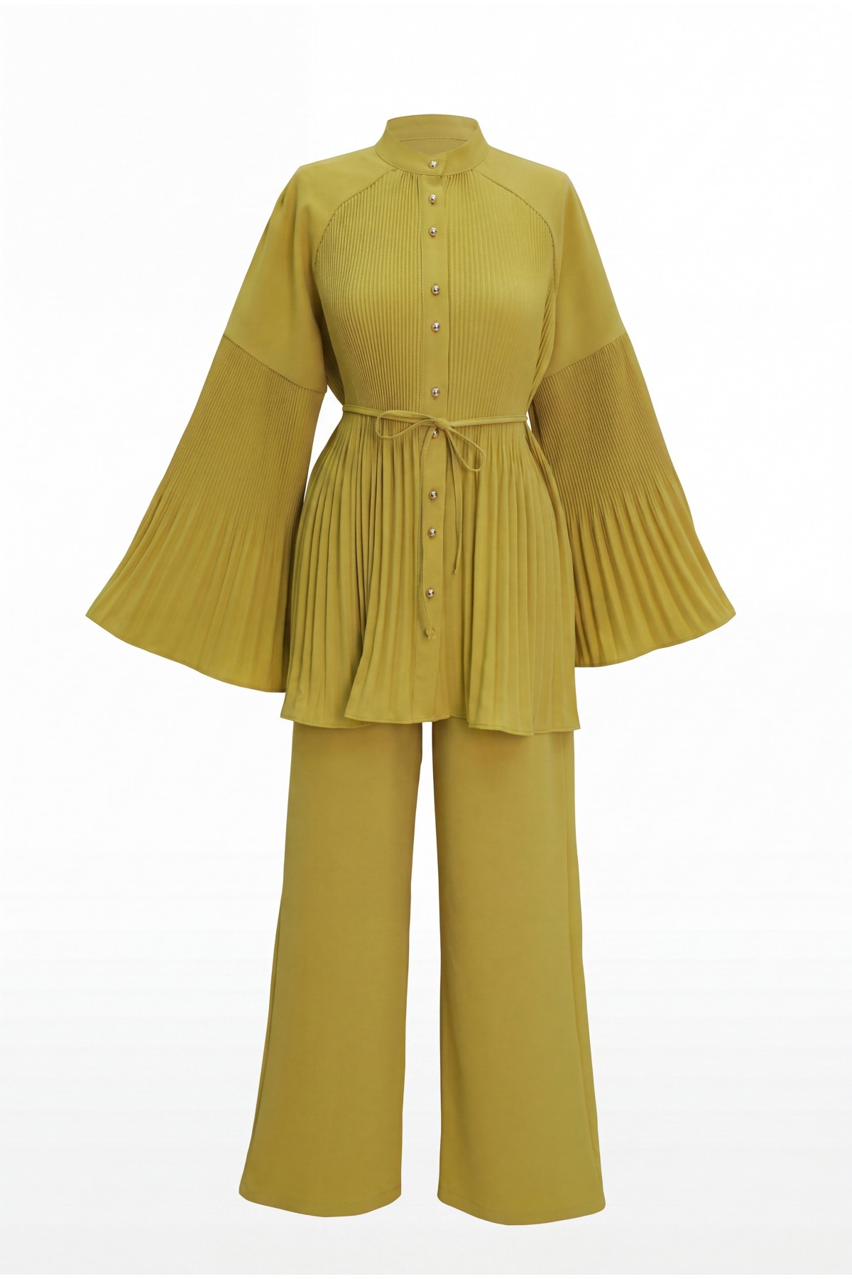 Pleated Mandarin Collar Buttoned Crepe Set  -Oil Green