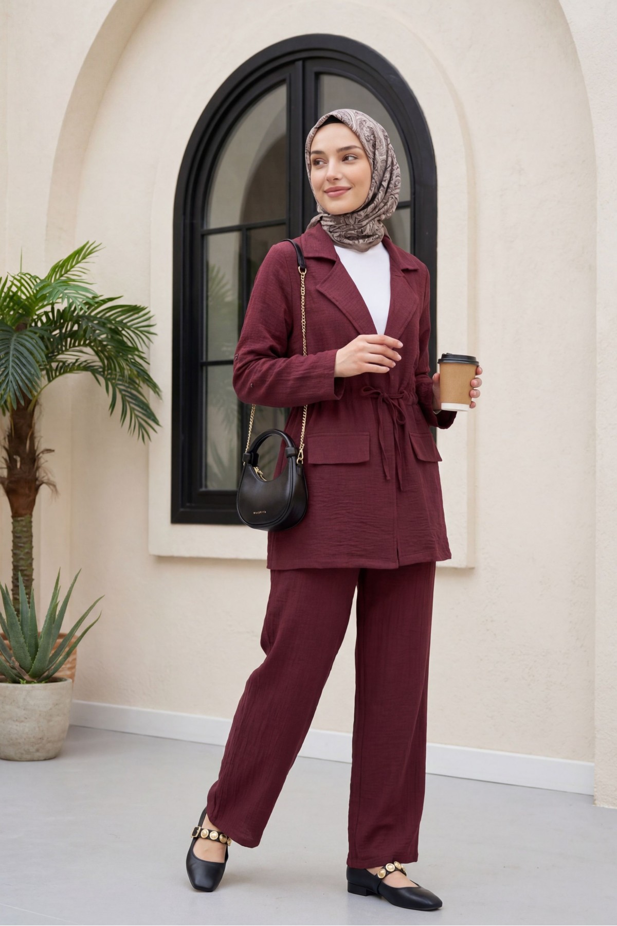 Covered Tunnel Bridge Jacket Linen Set     -Maroon