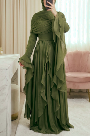 Strapless Ruffled Draped Silky Organza Evening Dress -Khaki