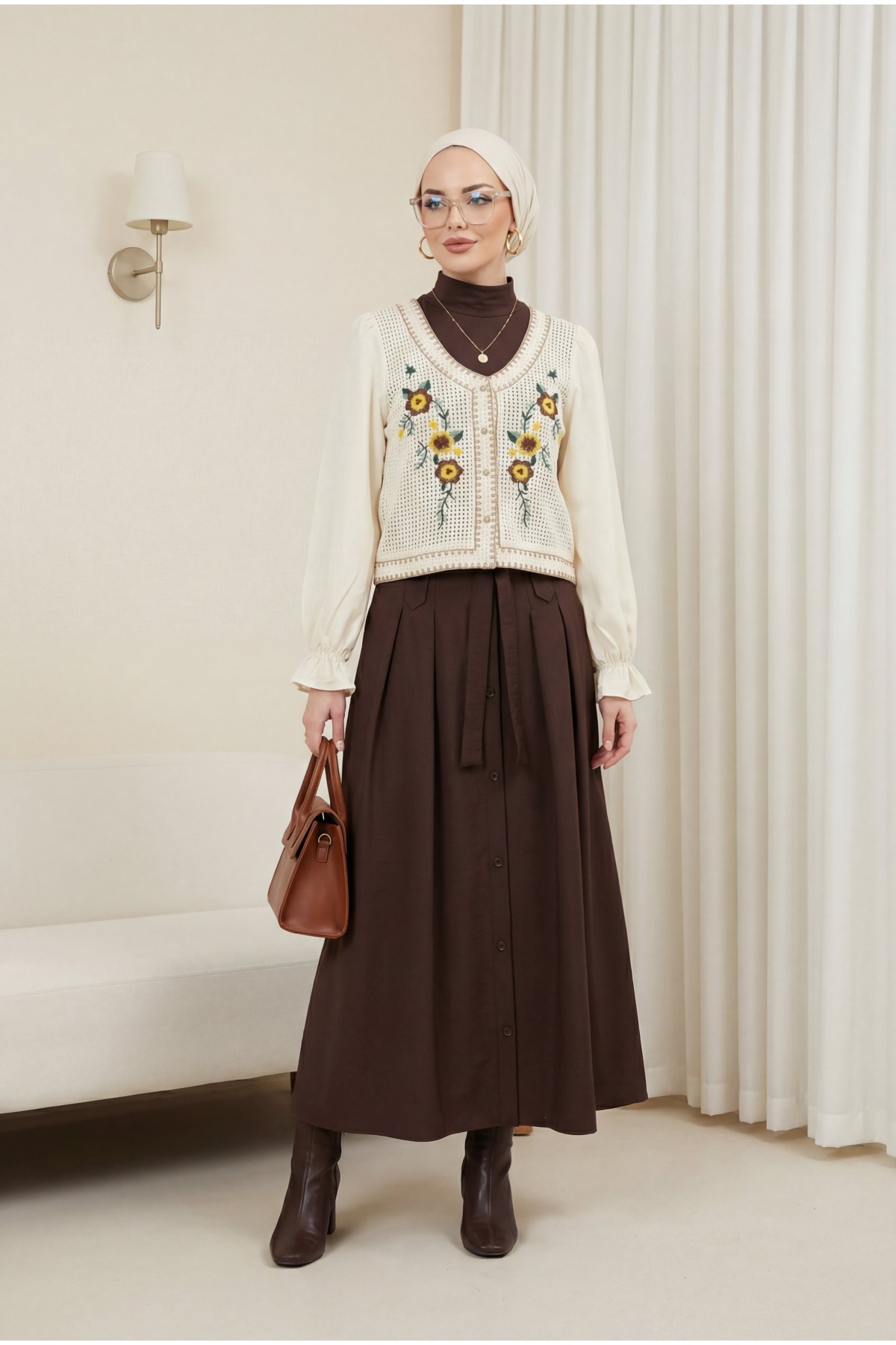 Bohemian Blouse with Floral Embroidery and Knit Detail, Buttoned - Beige