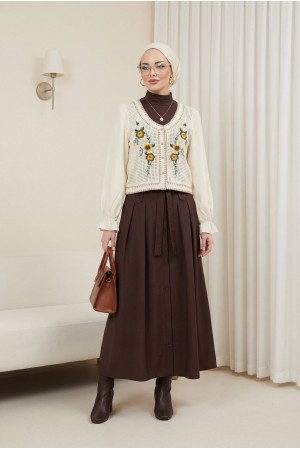 Çiçek Nakışlı Triko Detaylı Düğmeli Bohem Bluz -Bej