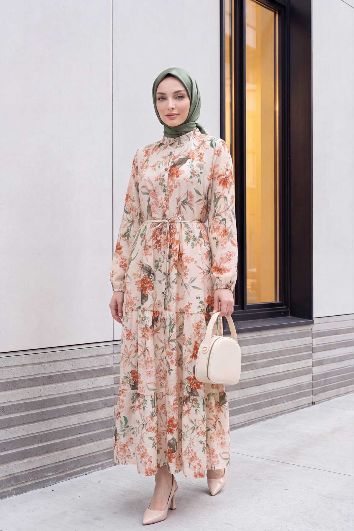 Mandarin Collar Half-Button Mixed Patterned Polycotton Dress with Elasticated Sleeves -Cream color