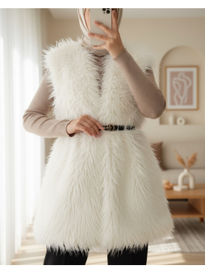 Fur Lined Vest with Belt and Side Pockets -White